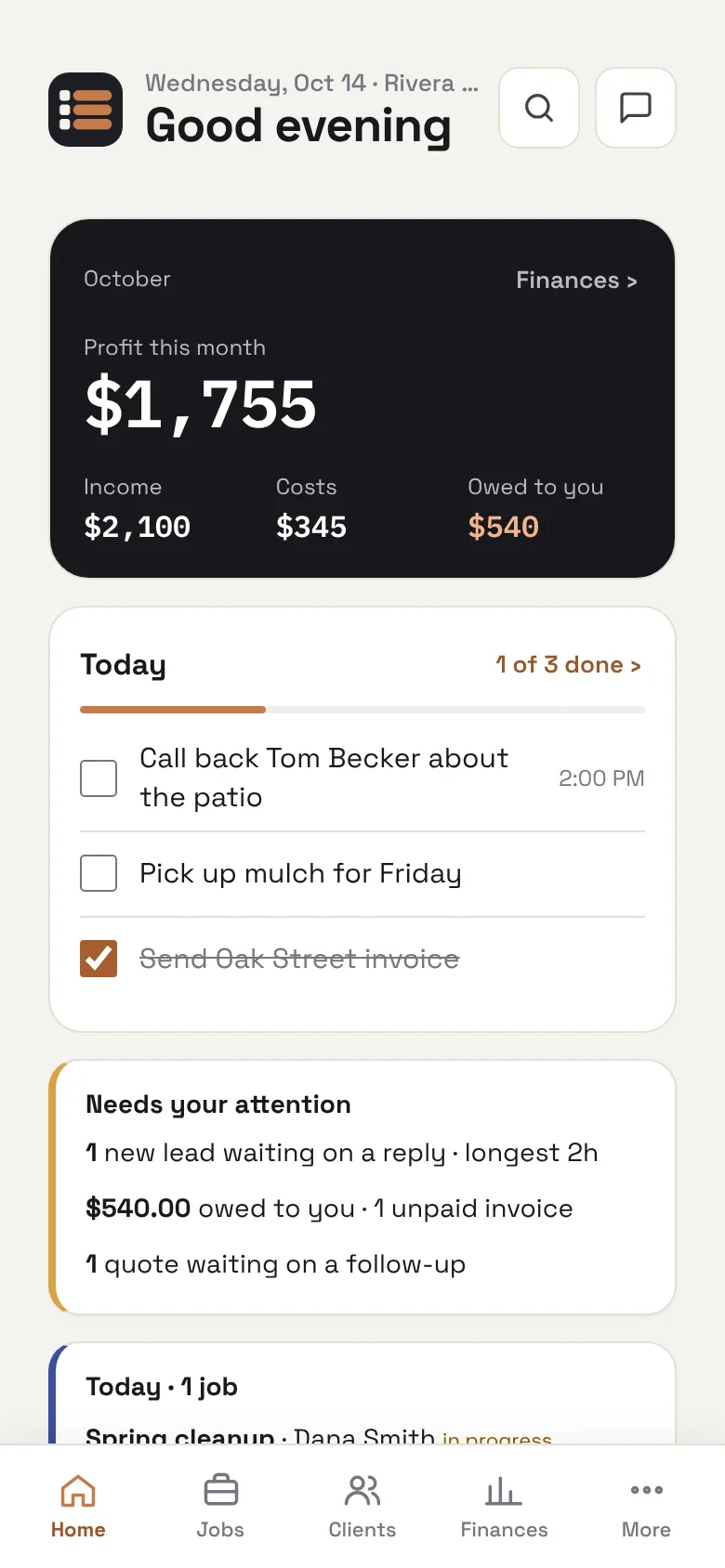 BusiDash home screen showing profit this month, today's checklist and who owes you money