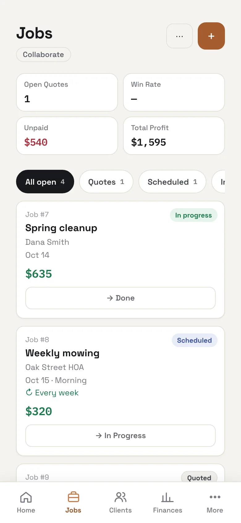 Jobs list with status filters and job profit